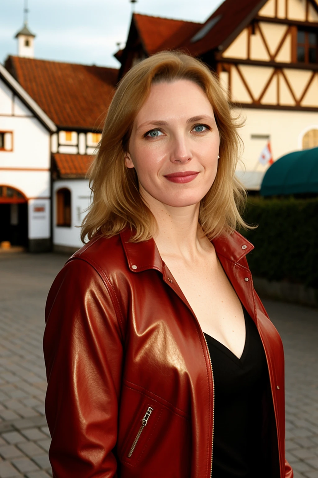 a RAW photo, portrait of allover30carrie, wearing red leather jacket, cozy german town street, golden hour, blurry background, intricate details, best quality, masterpiece, detailed skin texture <lora:allover30carrie:1>