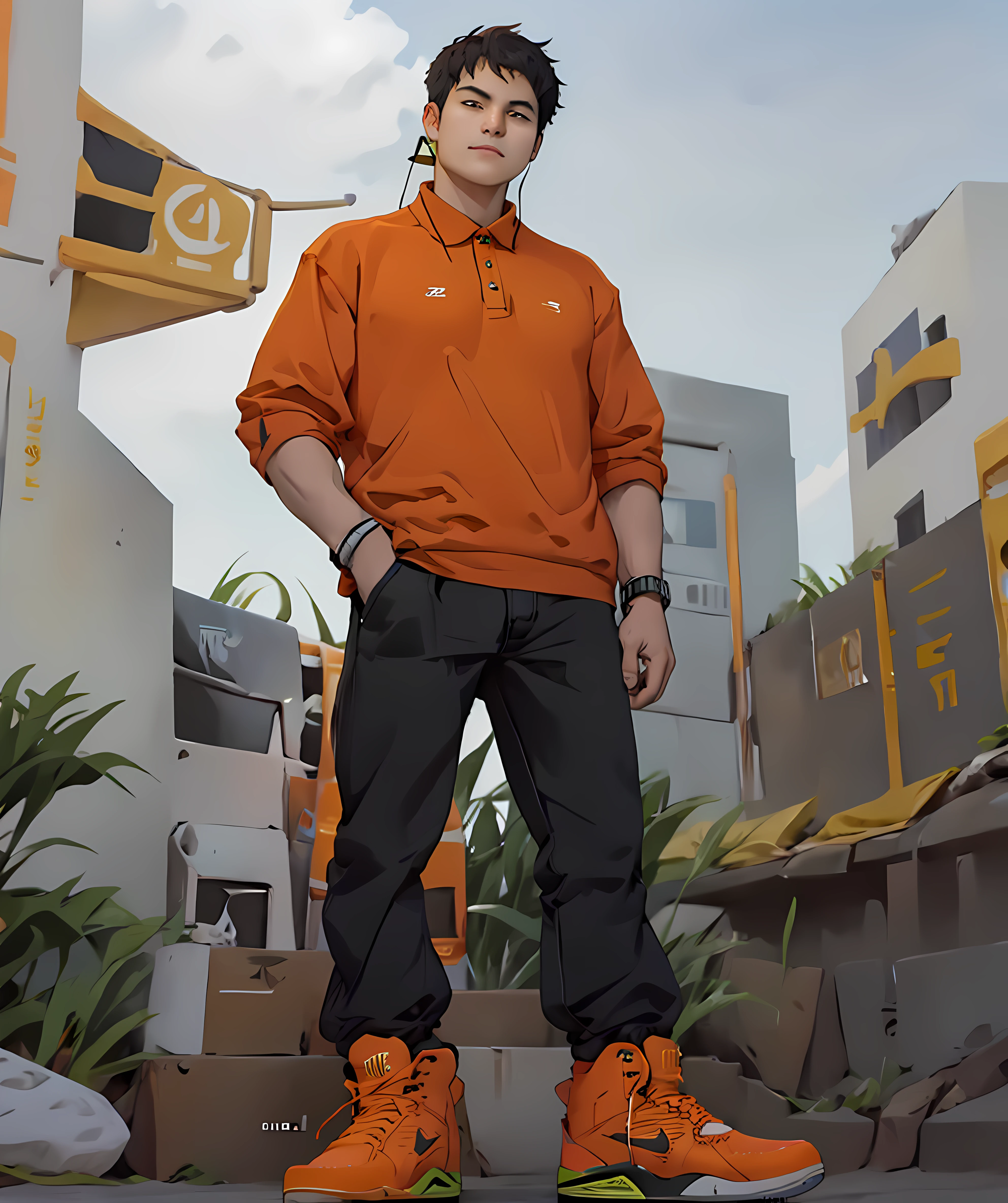 uncle_roger, orange shirt, standing, looking at viewer, black long pants, beach, wearing volt commandforce sneaker<lora:Uncle_Roger:0.9> <lora:commandforce_v0.1:1>