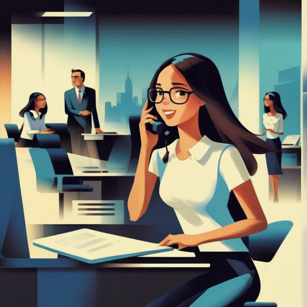 simplakart girl talks to her boss on the phone, people at desks
<lora:simplakart:1>