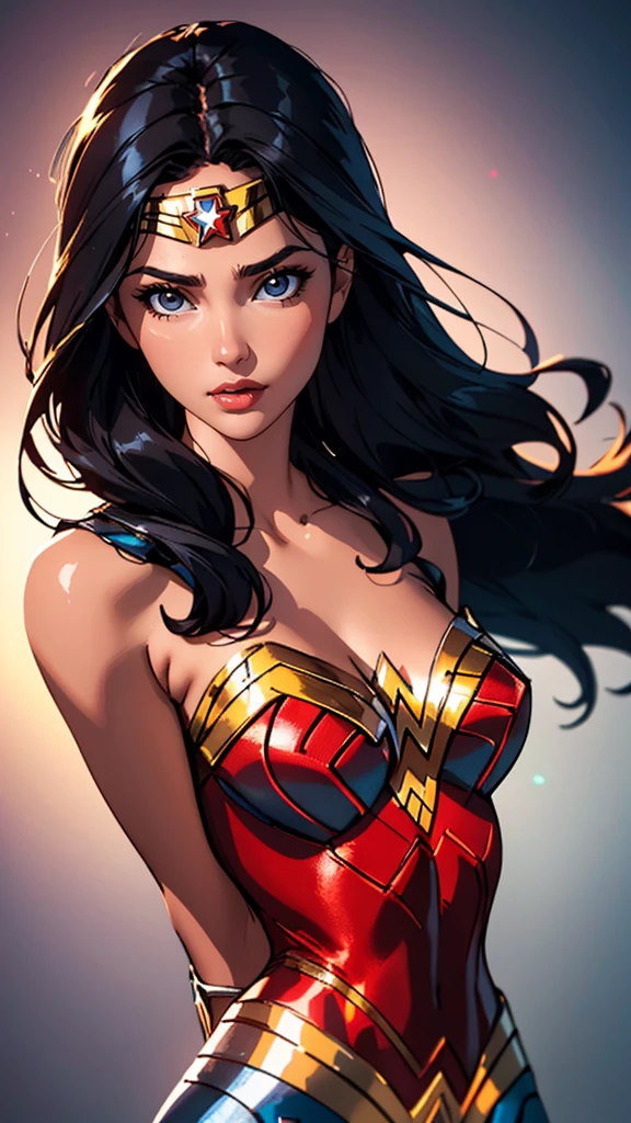 (masterpiece, best quality, highres:1.2), (intricate and beautiful:1.2), (detailed light:1.2), (colorful, dynamic angle), upper body shot, fashion photography of cute, black long hair girl (Wonder Woman), dressing high detailed Wonder Woman suit, flirting with POV, dynamic pose, soft light passing through hair, (abstract background:1.3), (cinematic),