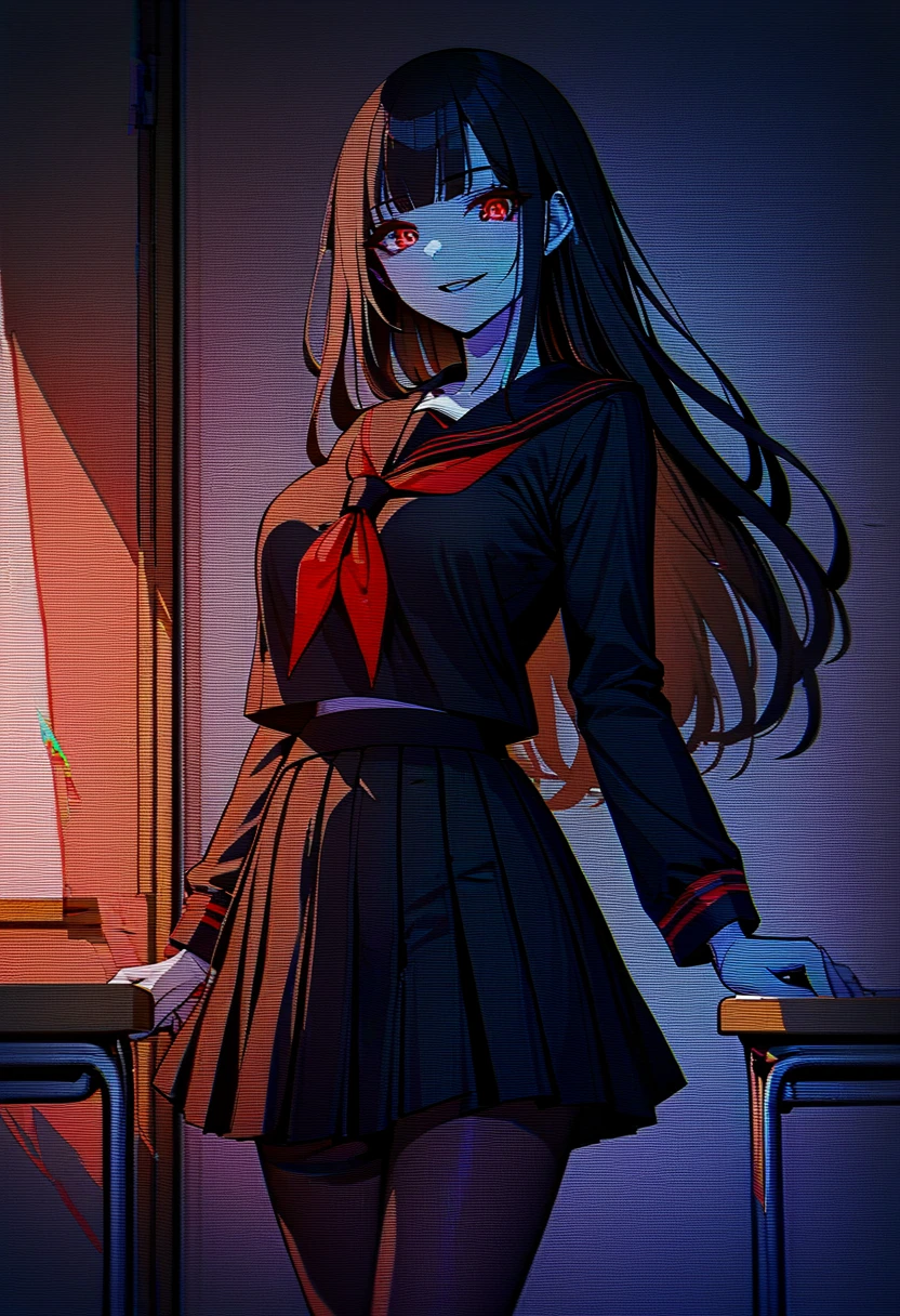 1girl, solo, 
blunt bangs, black hair, long hair, red eyes, pale skin, large breasts, lip, glowing_eyes, 
black serafuku, red neckerchief, long_sleeves, pleated_skirt, black skirt, pantyhose, 
standing, looking_at_viewer, light smile, teeth, wind, 
cowboy_shot, 
classroom, indoors, dark, dark room, night, female focus,
scanlines, glitch, horror_(theme), 
nice hands, perfect hands,
best quality, absurdres, highres, oldest, 
rating: general