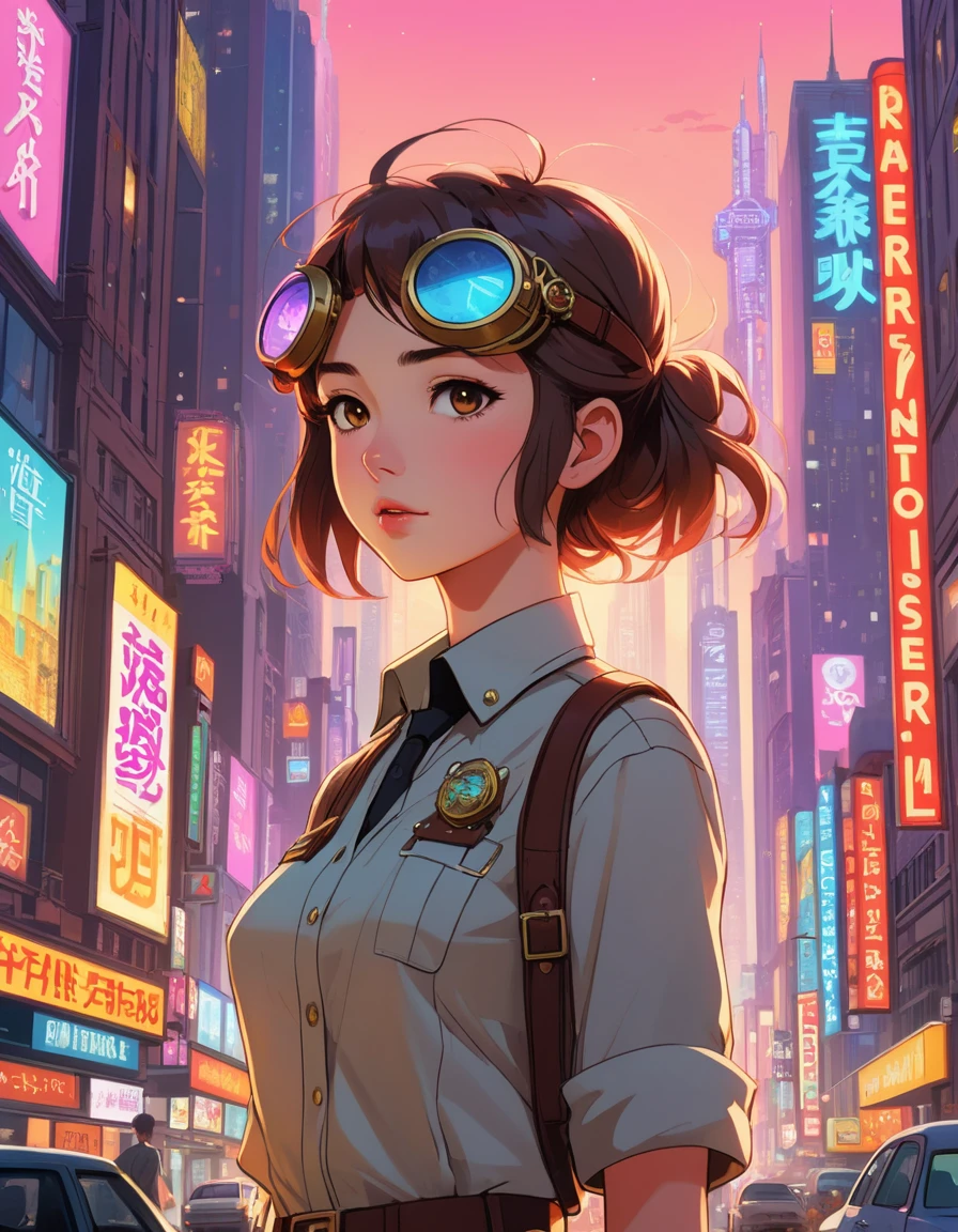 anime artwork A futuristic pixar style metropolis, propelled by the rebellious spirit of a 23-year-old Riot Grrrl, wearing steampunk goggles and a Victorian-inspired shirt, skyscrapers tower above adorned with dazzling neon signs, our heroine pilots her vehicle fearlessly, cinematographic angles sweep through bustling streets, dreamyvibes artstyle, SDXL brings its trademark filter to ensure every frame bursts with vibrant color and emotive energy, style of Loish, style of Alex Ross, . anime style, key visual, vibrant, studio anime, highly detailed