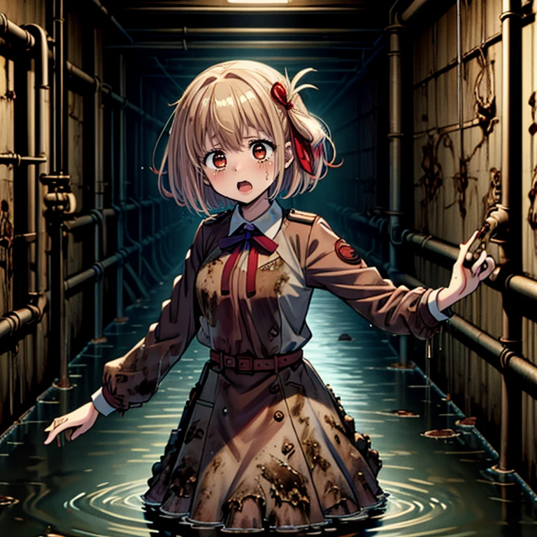 ((top quality, 8k wallpaper)),(masterpiece, best quality),extremely detailed,high definition,(official art:1.3),(((anime screencap,black outline))),<lora:more_details:0.3>,<lora:LCM_LoRA_Weights_SD15:1>,1girl,solo,scared,panicking,constricted pupils,screaming,raised eyebrows,wide-eyed,crying,tears BREAK <lora:nishikigi_chisato_v1:0.75>,aachisato,short hair,hair ribbon,breasts,neck ribbon,collared shirt,lycoris uniform,two-tone dress,red dress,grey dress,long sleeves,red belt BREAK <lora:inSewage:0.5>,(((dirty,wading,dirty face,dirty clothes,brown sewage,brown sewer,poop on hair,underground, brown theme, torn clothes, brown slime \(substance\)))),nsfw,