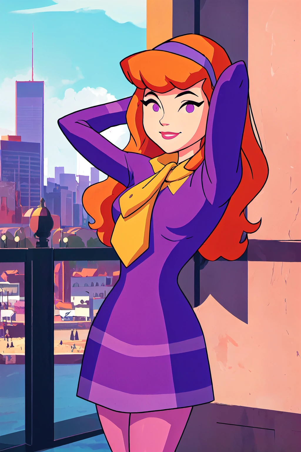 dbv1, orange hair, hairband, purple dress, short dress, pink pantyhose, purple eyes, 1girl, cowboy shot, smile, looking at viewer, city background, arms behind head, <lora:DaphneBlake-step00001900:1.0>