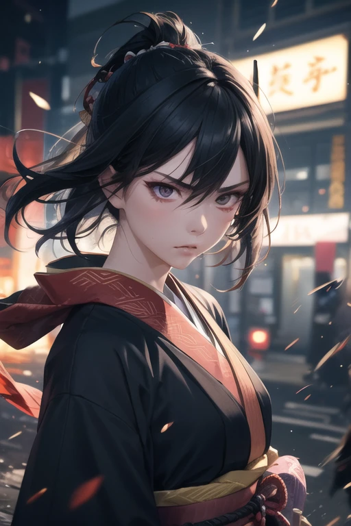 1girl,black hair, samurai women,detailed face,angry,dark midnight, walking ,wind blowing strongly, dynamic angle, dynamic pose,ceremonial kimono, long kimono, depth of field, light particles,cinematic lighting