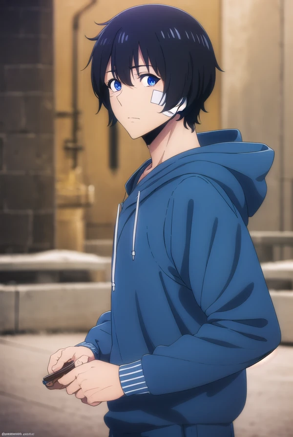 jinwoosung, <lora:jinwoo sung-alpha-lora-nochekaiser:1>,
jinwoo sung, blue eyes, black hair, hair between eyes, male focus,
BREAK hood, hoodie, bandages, hood down, bandaid, orange shirt, blue hoodie, bandage on face,
BREAK outdoors, city,
BREAK looking at viewer, (cowboy shot:1.5),
BREAK <lyco:GoodHands-beta2:1>, (masterpiece:1.2), best quality, high resolution, unity 8k wallpaper, (illustration:0.8), (beautiful detailed eyes:1.6), extremely detailed face, perfect lighting, extremely detailed CG, (perfect hands, perfect anatomy),