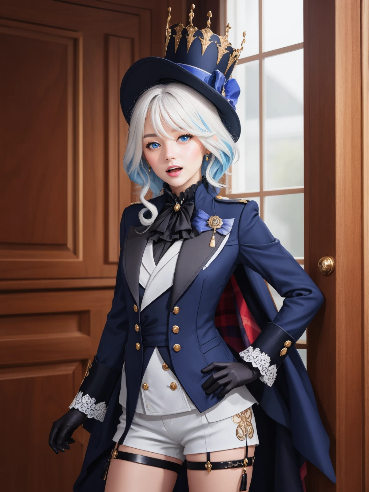 girl,furina \(genshin impact\),heterochromia,mismatched gloves,top hat,blue jacket,short shorts,thigh strap,waist cape,looking at viewer,smug,open mouth,naughty face,hand on hip,cowboy shot,theater,indoors,<lora:Char-Genshin-Furina:0.7>,