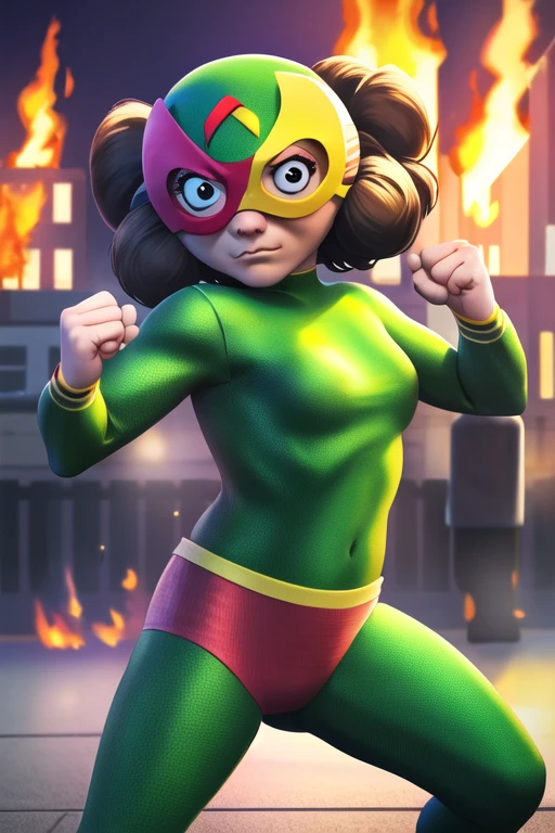 masterpiece, best quality, mamaLucha, 1girl, solo, frown, solo, purple background, fighting stance, detailed background, mask, brown hair, looking at viewer, green shirt, green bodysuit, <lora:mamaLucha:0.7> disfraz, closed mouth, cityscape, fire,