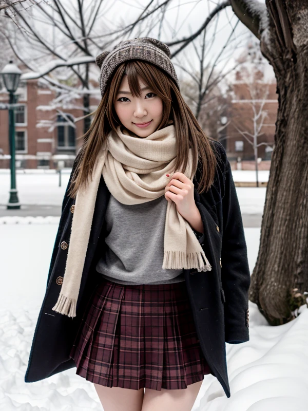 hyper realistic photo,1girl,Momoka, plaid skirt, scarf, snow
(<lora:Momoka:1>)
