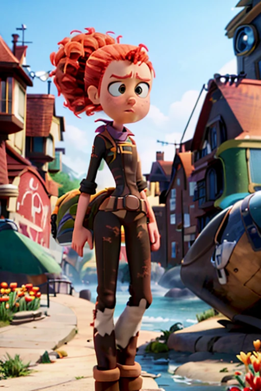 Tulip From Storks, bushy ponytail,  full body,  3d,  catoon,  pixar,  (((neutral expression))), closed mouth,  close up,  city, outdoors,  standing, serious look,<lora:EMS-266278-EMS:1.000000>