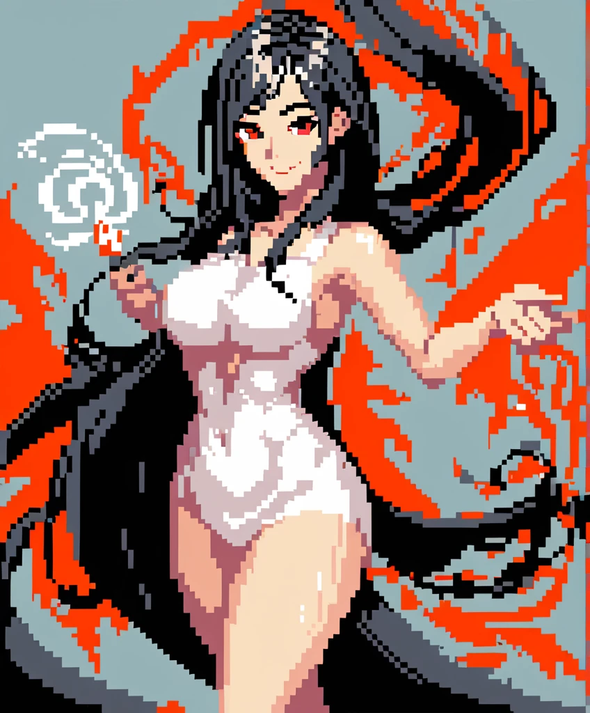 woman with long black hair swirling in place, wide hips, red eyes, smile, pixel art