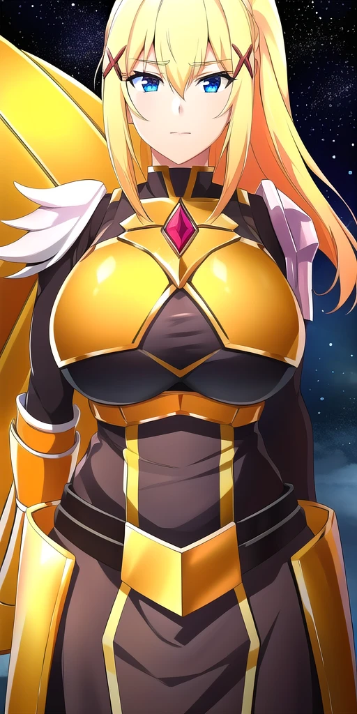 <lora:LalatinaV2:0.7> lalatinadustinessford, huge_breasts, standing, solo, Yellow_armored_dress_Boobplate_Pauldrons_Black_bodysuit_Faulds, starry_sky,, masterpiece, best quality, detailed face, detailed eyes, highres,