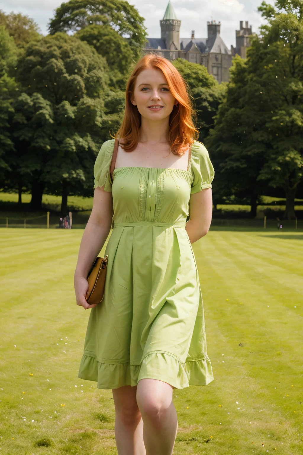 an Irish woman standing in a vibrant green field, ginger hair, green dress, kilkenny castle