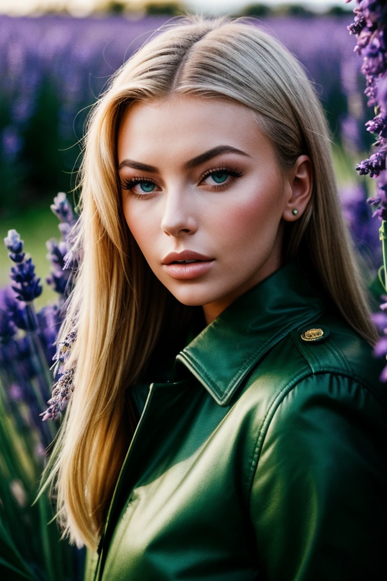 photo of (tahtest-200:0.99), a beautiful woman, perfect hair, (modern photo, Emerald Green winter coat), 85mm lens, (analog, cinematic, film grain:1.3), (A tranquil, sunlit field of wild lavender:1.2), detailed eyes, (seductive pose), (epicPhoto), (looking at viewer), jewelry, (cinematic shot:1.3), PA7_Portrait-MCU