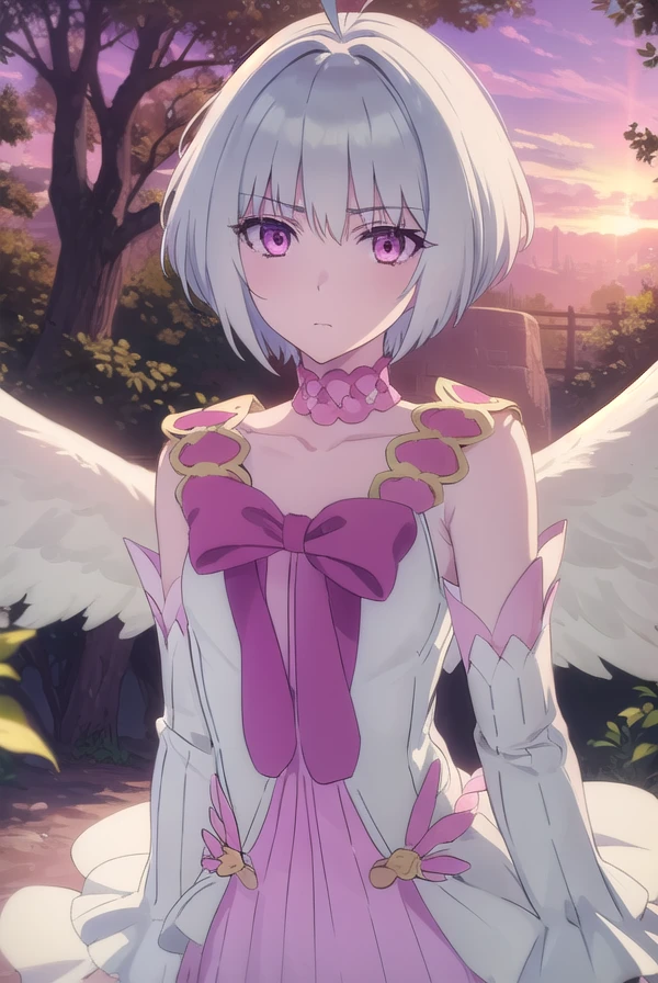 fitoria, <lora:fitoria s1-lora-nochekaiser:1>,
fitoria, short hair, white hair, (pink eyes:1.3), ahoge, antenna hair,
BREAK dress, bow, detached sleeves, wings, choker, feathered wings, angel wings, frills, pink bow,
BREAK outdoors, forest, nature, sky, sun, clouds,
BREAK looking at viewer, (cowboy shot:1.5),
BREAK <lyco:GoodHands-beta2:1>, (masterpiece:1.2), best quality, high resolution, unity 8k wallpaper, (illustration:0.8), (beautiful detailed eyes:1.6), extremely detailed face, perfect lighting, extremely detailed CG, (perfect hands, perfect anatomy),