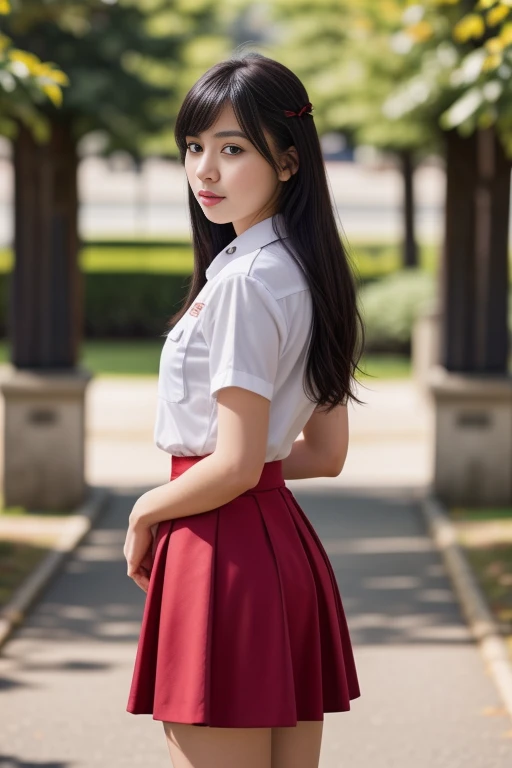 1 woman, 22yo, realistic, masterpiece, high detailed skin, looking at viewer, full body shot, scenic view, long hair, black hair
school uniform, stripped shirt, red skirt, red neck ribbon <lora:R&W_School_Dress_By_Stable_Yogi:1>