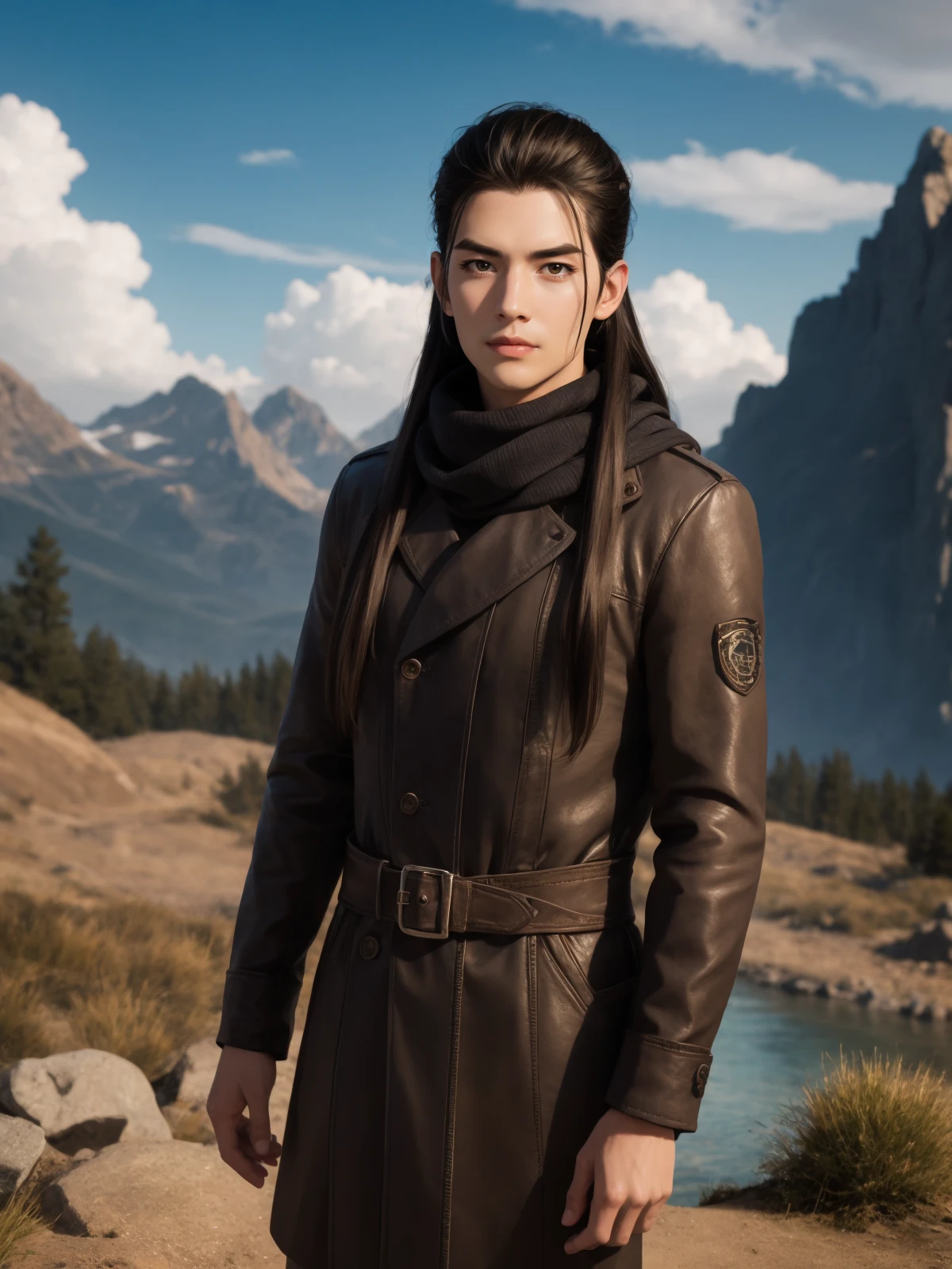 male,man with long hair and a scarf on her neck,standing in front of a mountain and cloudy sky,(brown eyes:0.947),(brown hair:0.737),(fingerless gloves:0.694),(gloves:0.597),(lips:0.812),(long hair:0.817),(nose:0.515),(outdoors:0.551),(realistic:0.622),(sky:0.703),(solo:0.946),(upper body:0.807) ,<lora:[è§è²]-[é©ç«-å¡äººä¿®ä»ä¼ ]aki-000006:0.5>,