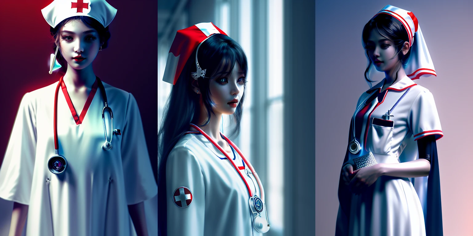 nurse ,single,realistic,lips,highres,fringe,tall image,absurdres,long hair,black hair,upper body,dress, nixeu