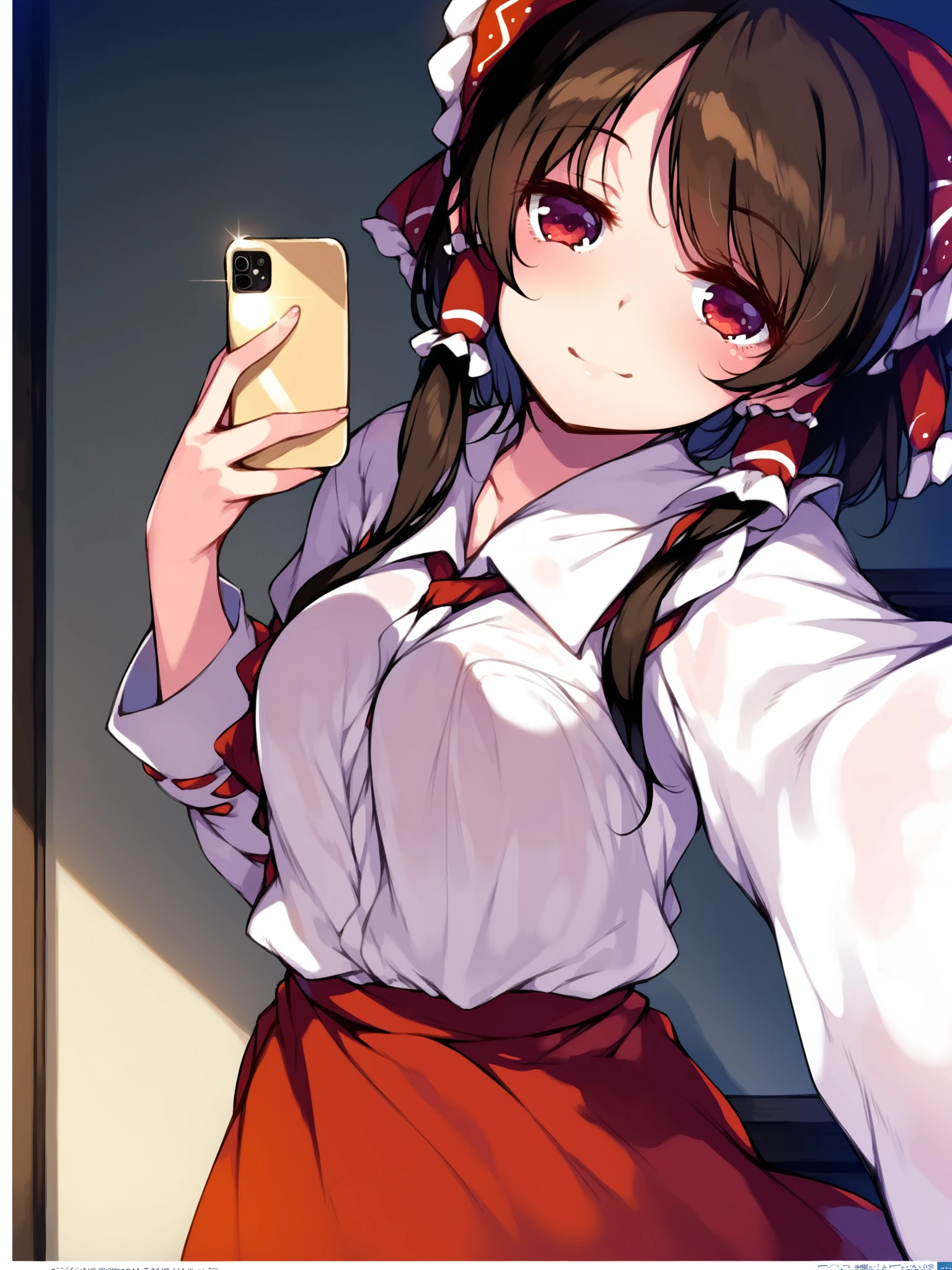 score_8_up, score_7_up, score_6_up, best quality, masterpiece, sfw, by ke-ta, source_anime
BREAK
1girl, hakurei reimu, cowboy shot, selfie on smartphone, indoors
<lora:ke-ta_pony_v2-000010:1>