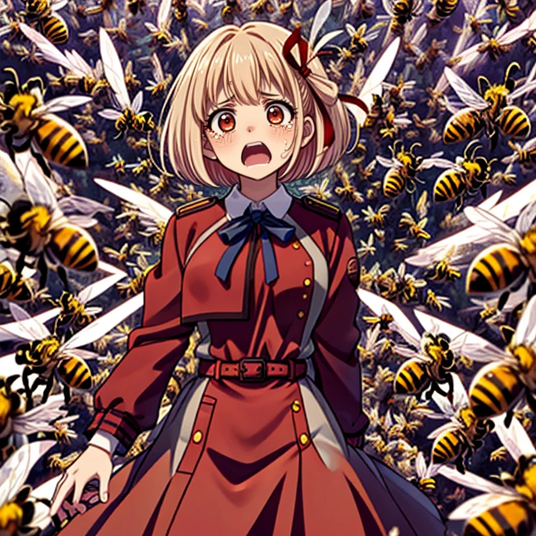 ((top quality, 8k wallpaper)),(masterpiece, best quality),extremely detailed,high definition,(official art:1.3),(((anime screencap,black outline))),<lora:more_details:0.3>,<lora:LCM_LoRA_Weights_SD15:1>,1girl,solo,scared,panicking,constricted pupils,screaming,raised eyebrows,wide-eyed,crying,tears, BREAK <lora:nishikigi_chisato_v1:0.75>,aachisato,short hair,hair ribbon,breasts,neck ribbon,collared shirt,red lycoris uniform,two-tone dress,red dress,grey dress,long sleeves,red belt, BREAK <lora:manyBees:0.4>,(((bees,insect wings,too many bees surrounded, bees on clothes))),