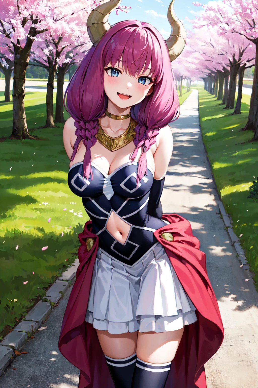 masterpiece, best quality, highres, aaaura, braid, twin braids, horns, blue eyes, choker, necklace, strapless dress, elbow gloves, black gloves, navel cutout, white skirt, black thighhighs, <lora:aura_(sousou_no_frieren)_v1:0.8>, arms behind back, leaning forward, standing, cowboy shot, smile, open mouth, outdoors, cherry blossoms,