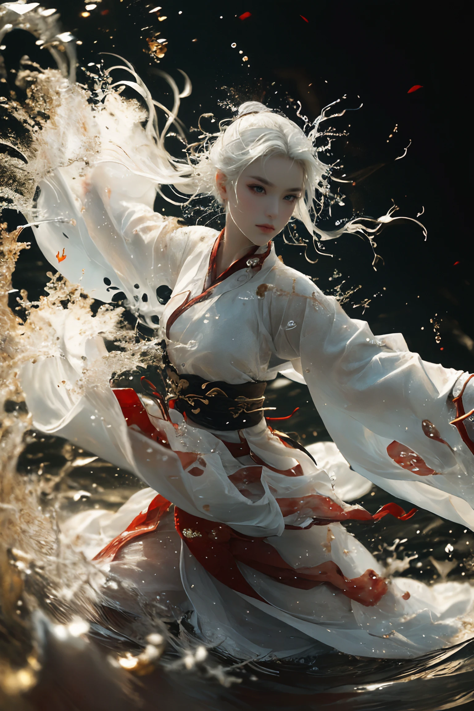 ultra high resolution, ((masterpiece))), (((best quality))), ((super detailed)),  ((extremely delicate and beautiful)),cinematic light, detailed environment(real), motion blur, depth of field, Black background
1 girl,solo, (white hair:1.2), (dark red and light gold hanfu:1.2), wide sleeves,
wide sleeves, outstretched arms, fighting stance, upper body
(splashing:1.3),
<lora:~Q?-kfOV3 xuer martial arts:0.8>