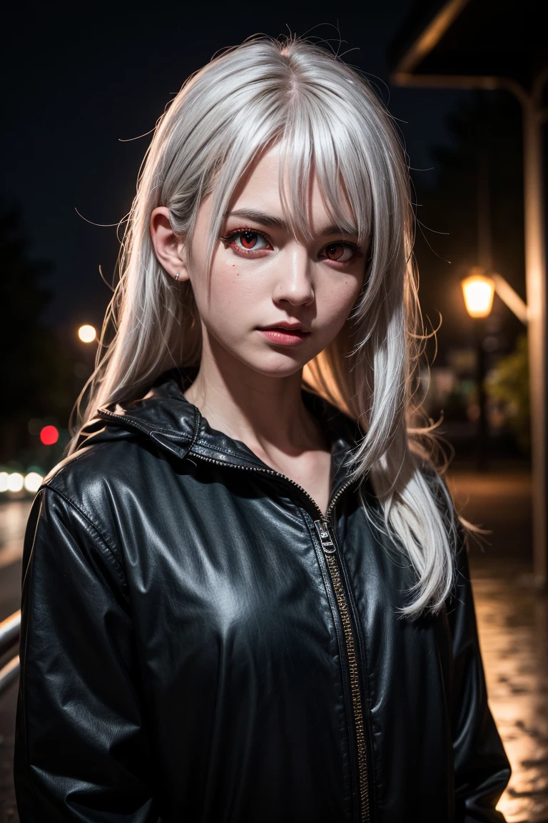 <lora:more_details:0.5>, 8k,highres, best quality, 1girl, white hair, long hair, outdoors, night, raining, upper body, (red eyes:1.4)