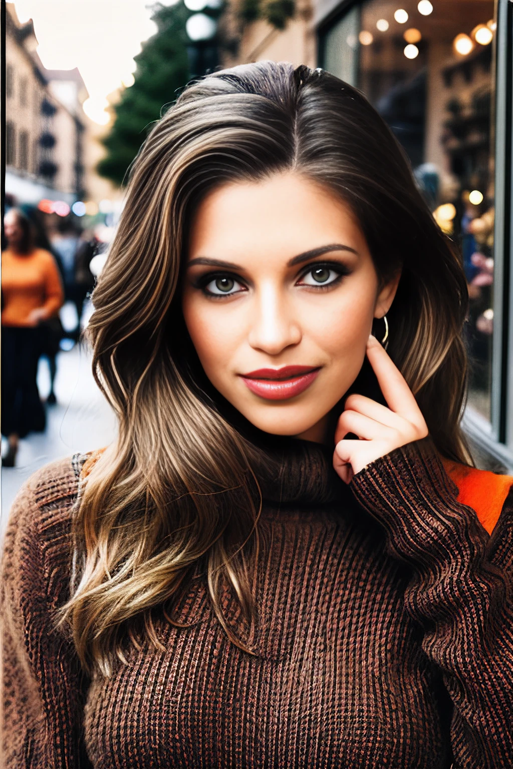 a vintage photograph of beautiful (DF1sh31:1.1) woman,as a fashion model,walking in a quaint european village square,wearing (clay orange knit sweater:1.2) with (cedar brown pants),wearing diamond earrings and bracelet,holding a wrapped birthday gift box,surrounded by (shops with window displays:1.3),a park with (fountain:1.1) in background,long hair,jewelry,lipstick,makeup and eyeshadow,professional magazine photoshoot,modelshoot style,sharp focus,detailed eyes,depth of field,(highly detailed),(HDR),(8k wallpaper),intricately detailed,high contrast,highres,absurdres,hyper realistic,8K UHD DSLR,Fujifilm XT3,taken with (Canon EOS 1Ds camera),35mm film,dramatic,(looking at viewer),4k textures,elegant,hyperdetailed,PA7_Portrait-MS,<lora:DF1sh31_05B-000003:0.9>,