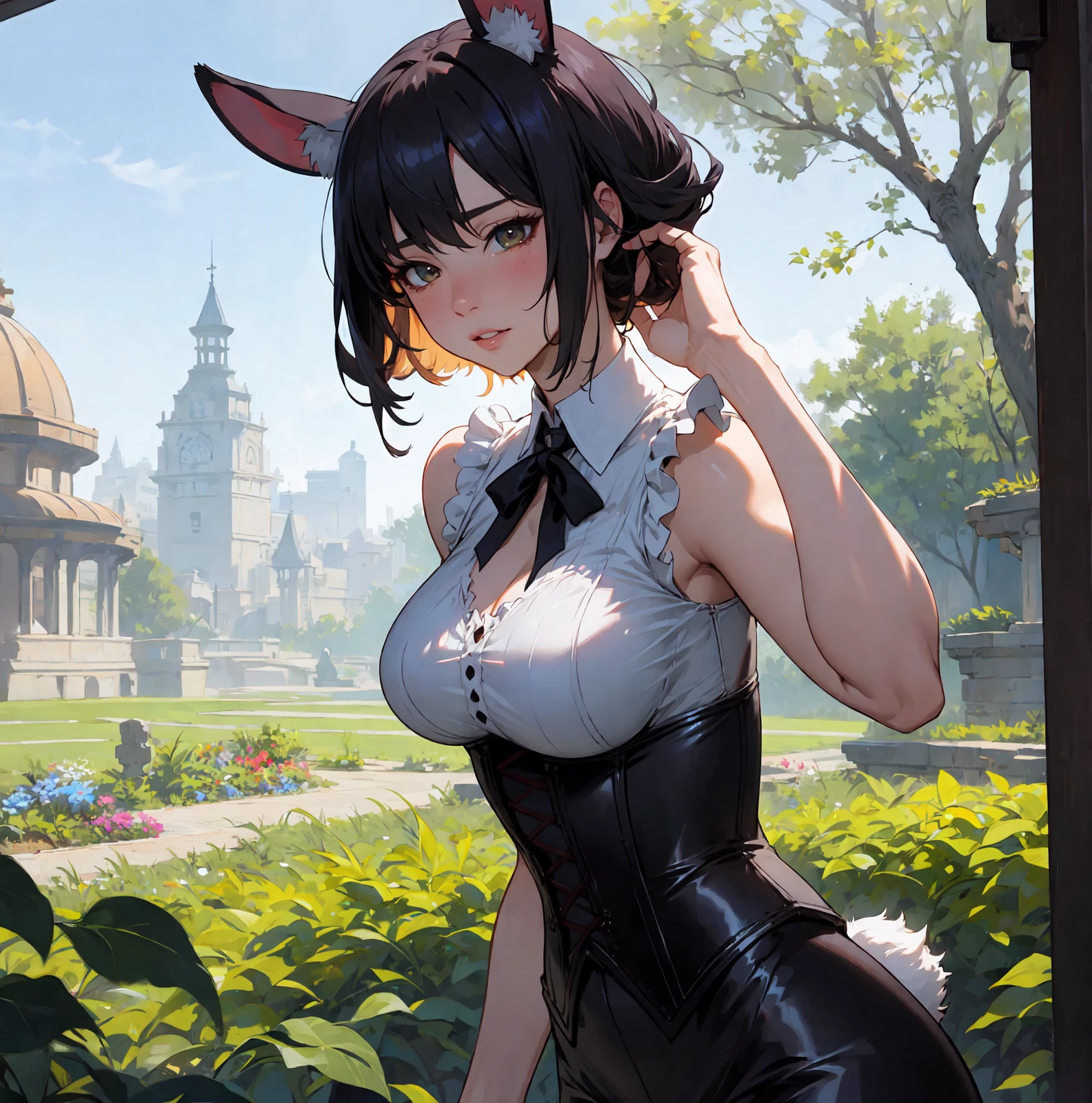 anime, beautiful lady, in garden, intricate corset, bunny tail, bunny ear, looking over shoulder, hands on ass
, embarrassed, short hair, curly hair
[bartolomeobari:ibuki satsuki, iuui:0.6](Masterpiece, Hypermaximalist, Maximalism, Best Quality, 8k, Highres, Absurdres, 4k, High Quality, Ultra High Res, Highest Quality, Ultra Detailed, 8k Uhd, Realistic, Highly Detailed, Ultra-Detailed:1.0), (Cinematic Lighting, Hdr, Raw Photo, Sharp Focus, Photorealistic, Realistic:1.0),