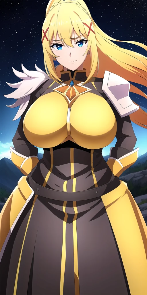 <lora:LalatinaV2:0.7> lalatinadustinessford, huge_breasts, standing, solo, Yellow_armored_dress_Boobplate_Pauldrons_Black_bodysuit_Faulds, starry_sky,, masterpiece, best quality, detailed face, detailed eyes, highres,
