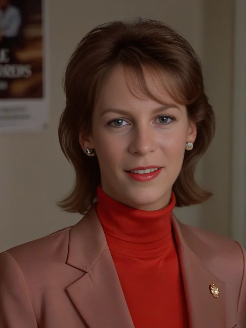 UHD, 4k,a young girl supermodel Laurie_Strode, age 20,<lora:Laurie_Strode:0.7> wearing turtle neck shirt, red pant keyhole suit for girl, perfect skin, young Laurie Strode , conservative formal attire, long brown hair, great full 80s hair,(masterpiece:1.2), (best quality:1.2), ultra high res, beautiful, (intricate details), flirty, happy, slutty, unity 8k wallpaper, ultra detailed, aesthetic, perfect lighting, studio lighting, rim lighting, hair lights, alluring lighting, professional photograph, alluring teen award-winning photo by trading places ,close-up of jamie lee curtis, true lies, perfect