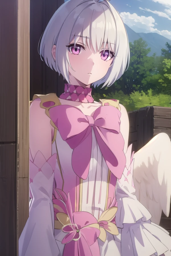fitoria, <lora:fitoria s1-lora-nochekaiser:1>,
fitoria, short hair, white hair, (pink eyes:1.3), ahoge, antenna hair,
BREAK dress, bow, detached sleeves, wings, choker, feathered wings, angel wings, frills, pink bow,
BREAK outdoors, forest, nature, sky, sun, clouds,
BREAK looking at viewer, (cowboy shot:1.5),
BREAK <lyco:GoodHands-beta2:1>, (masterpiece:1.2), best quality, high resolution, unity 8k wallpaper, (illustration:0.8), (beautiful detailed eyes:1.6), extremely detailed face, perfect lighting, extremely detailed CG, (perfect hands, perfect anatomy),