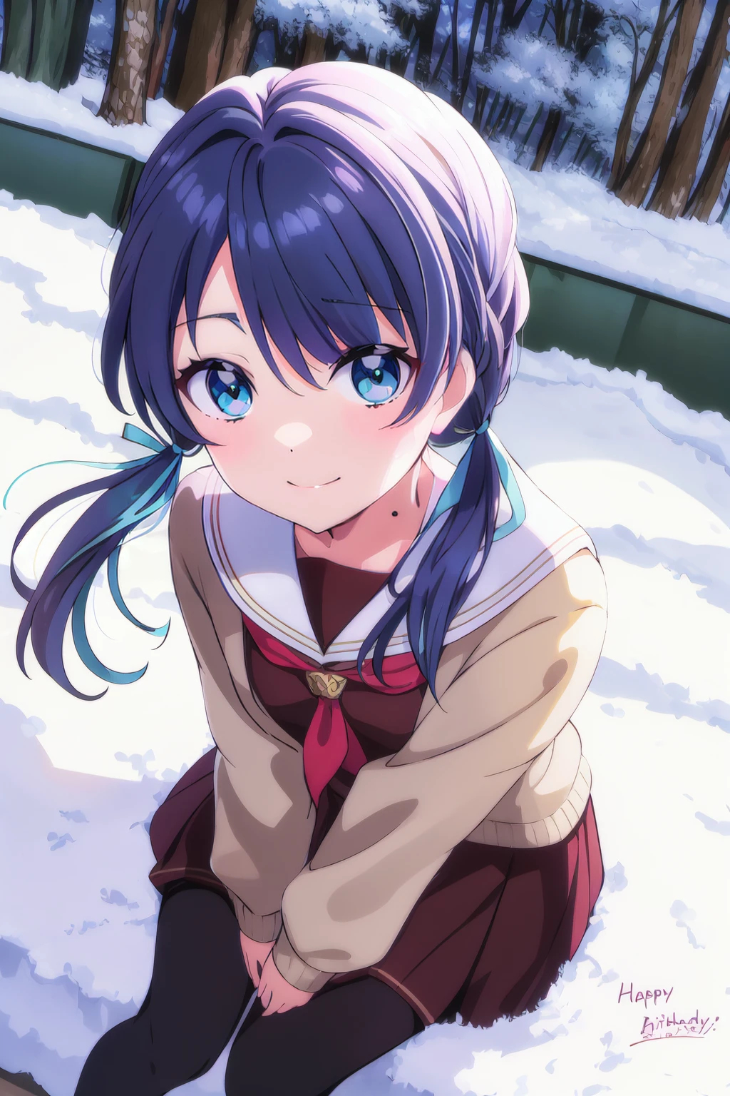 (best quality, masterpiece:1.2), (solo:1.2), anime, anime screencap, anime coloring, vivid color, light particles, looking at viewer, smile, sunlight, lens flare, cinematic light, cute, detailed background,
<lora:A_Murano Sayaka Re:0.8:lbw=MIDD> murano sayaka, sitting, low twintails, happy, school uniform, happy birthday, black pantyhose, outdoors, (winter, snow:1.2), cloud, blue sky, hands on own knees, leaning forward, solo focus, from above, pov, dating,
<lora:A_Murano Sayaka WSU:0.6:lbw=MIDD>