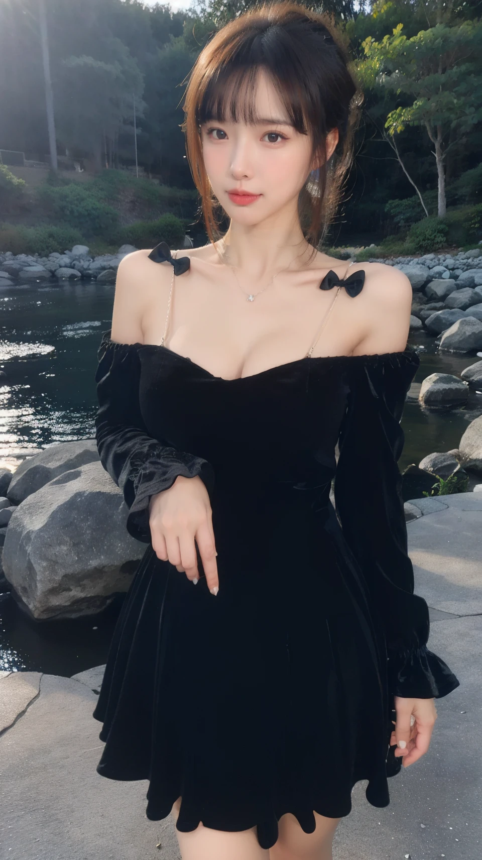 best quality,8K,solo,cute & girly,(1girl:1.3),(standing:1.3),(looking at viewer:1.4),(outdoors:1.3),Elegant,detailed gorgeous face,upper body,black shirt,sunshine,mountain,tree,river,<lora:rc66:0.8>,rc,strap bow,(orange dress:1.2),