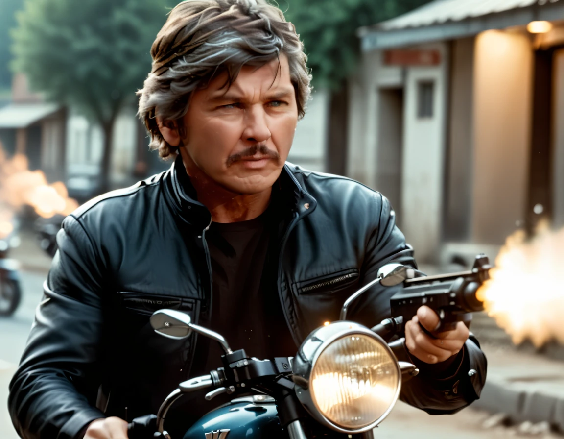 cinematic film still of <lora:Bronson:0.8> A man riding a motorcycle and firing an uzi, shallow depth of field, vignette, highly detailed, high budget, bokeh, cinemascope, moody, epic, gorgeous, film grain, grainy