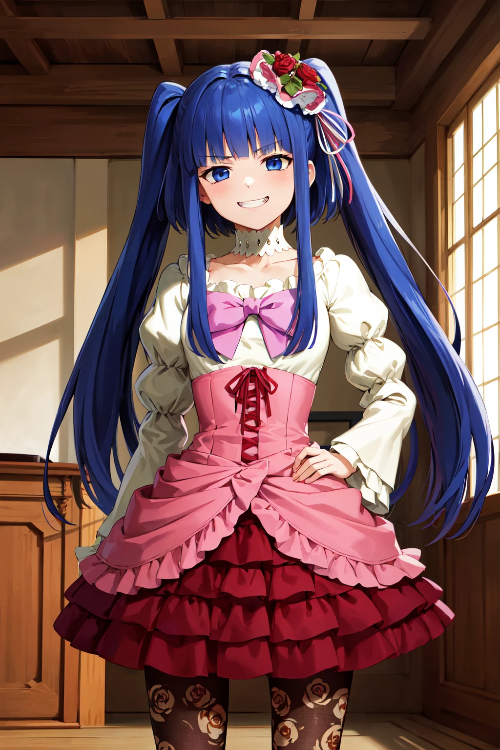 masterpiece, best quality, highres, aaerika, long hair, twintails, hair ornament, choker, pink bow, frilled dress, layered dress, pantyhose, print legwear, <lora:furudo_erika_v1:0.7>, standing, cowboy shot, grin, indoors