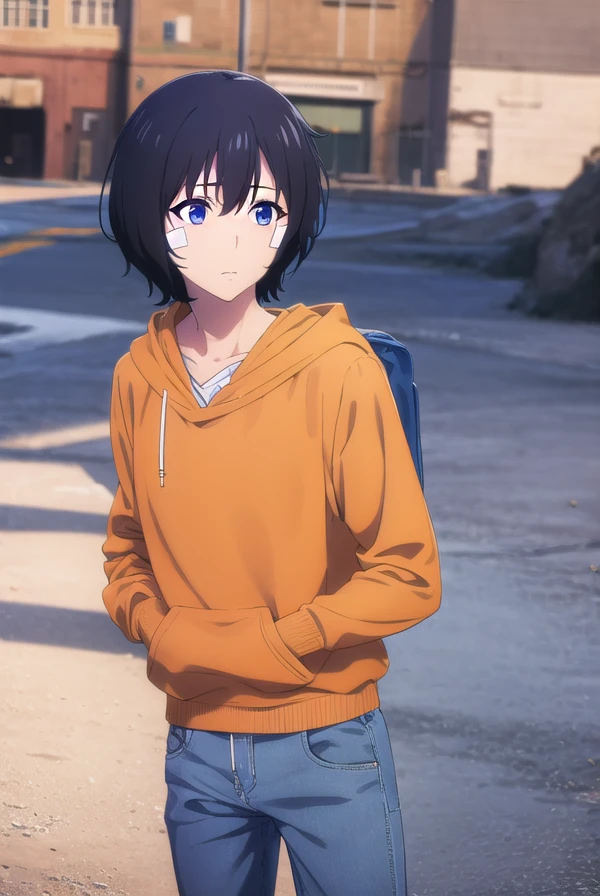 jinwoosung, <lora:jinwoo sung-alpha-lora-nochekaiser:1>,
jinwoo sung, blue eyes, black hair, hair between eyes, male focus,
BREAK hood, hoodie, bandages, hood down, bandaid, orange shirt, blue hoodie, bandage on face,
BREAK outdoors, city,
BREAK looking at viewer, (cowboy shot:1.5),
BREAK <lyco:GoodHands-beta2:1>, (masterpiece:1.2), best quality, high resolution, unity 8k wallpaper, (illustration:0.8), (beautiful detailed eyes:1.6), extremely detailed face, perfect lighting, extremely detailed CG, (perfect hands, perfect anatomy),