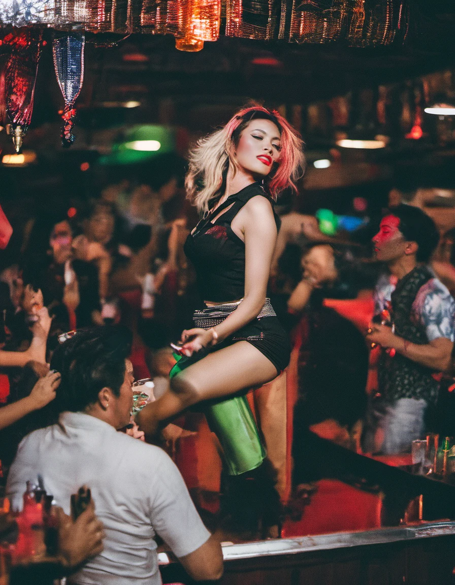 young asian female dj, pink hair pony tail, cowboy pose, black thongs, smiling, naked and topless、wet and sweaty, headphones、choker, punk、Sparkling laser probing light, disco, crowded dance floor, clubbing club party concert