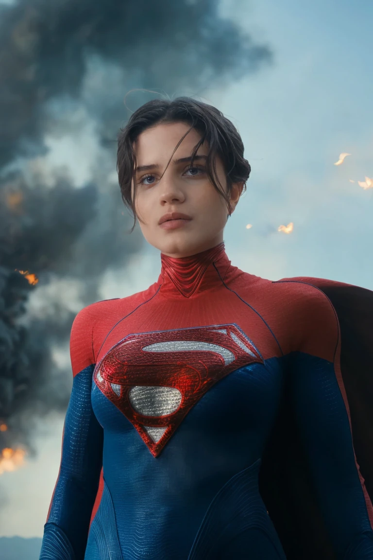 50mm lense 8k Close up shot of solo 6 feet tall DCEU Supergirl, <lora:Supergirl:0.8>, with a cape she is sitting outdoors on a Chair in a farm. Sunny day, Natural Light over her body, hard shadows, Day Time, Extremely Bright Atmosphere Time, 8k texture suit, 8k quality shot