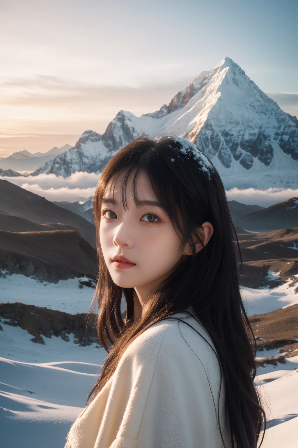 1 girl,long hair,dress,sunshine golden mountain,magnificent scene of mountains at sunset,emphasizing how light changes the colors and textures of the mountains,creating a picture full of power and serenity,snow-capped mountains,high mountains,snow-capped peaks,mountains,warm lighting,sea of clouds,shining eyes,extremely detailed eyes and face,beautiful details of eyes,extremely delicate and beautiful,extremely detailed,CG,amazing,fine details,masterpieces,best quality,official art,ultra-detailed,high resolution ,<lora:jinshan_20240115122647-000001:0.5>,