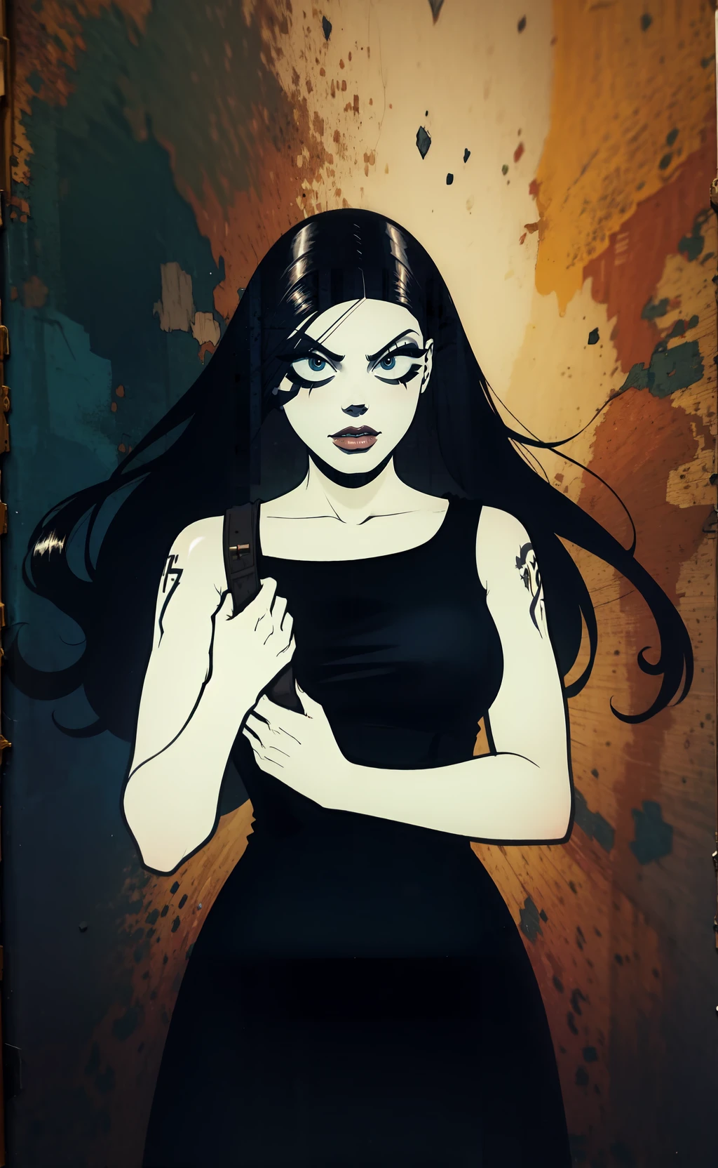 white skin, colored skin,( long hair:1.2),woman <lora:nemi:1.0> ,(black hair:1.2),black dress,cowboy shot, (facing viewer:1.3), shoulder tattoo , Barbabos