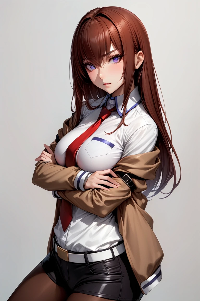 masterpiece, best quality, rating: general, solo, 1girl, makise kurisu, expressionless, crossed arms, jacket, off shoulder, collared shirt, red necktie, black shorts, pantyhose, legwear under shorts <lora:steinsgate_makise_xl-000004:1>