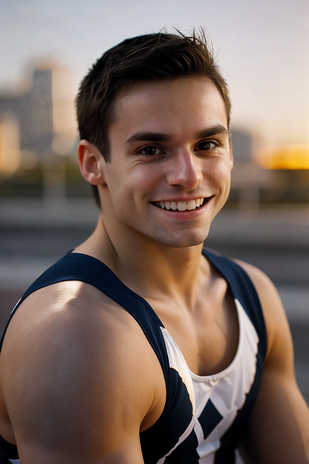 headshot, close-up, photo of sam_mikulak <lora:sam_mikulak-05:0.75> wearing a tank top, blurred California background, natural light, golden hour, (light bokeh:0.5), (genuine smile:0.5)