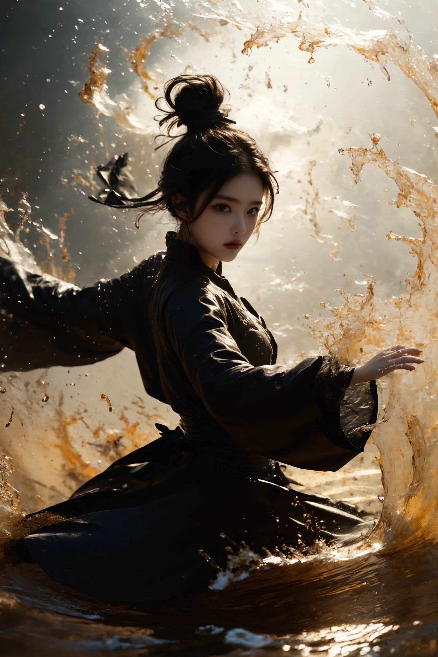 ultra high resolution, ((masterpiece))), (((best quality))), ((super detailed)),  ((extremely delicate and beautiful)),cinematic light, detailed environment(real), motion blur, depth of field,
1 girl,solo,hair bun,single hair bun,black hair,
wide sleeves, outstretched arms, fighting stance,
(splashing:1.2),
<lora:~Q?-kfOV3 xuer martial arts:0.8>