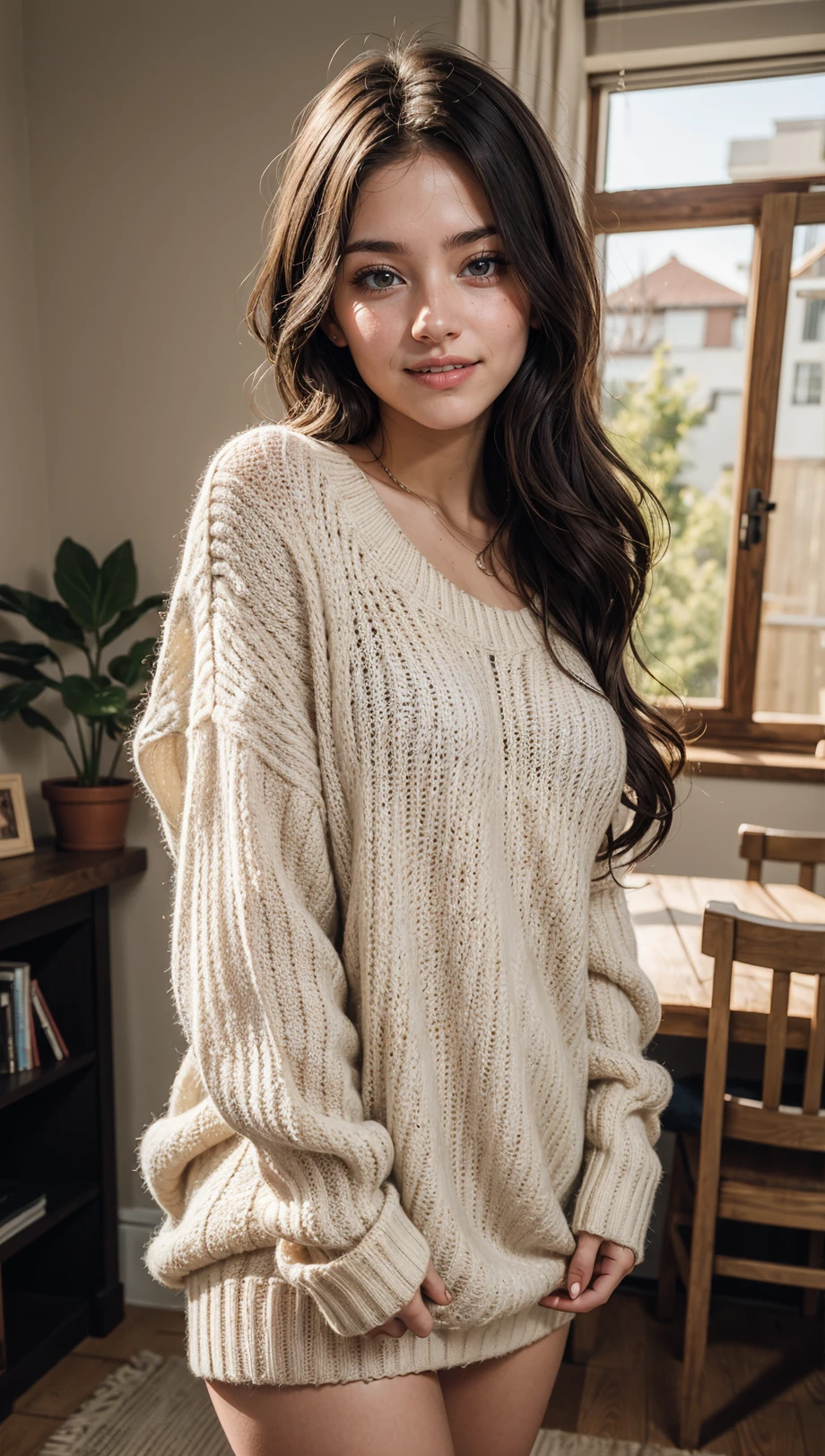 edgy pinterest woman,20 years old,wearing a oversized sweater,happy,dimples,natural look,sunny,soft lighting,emotional,grainy,