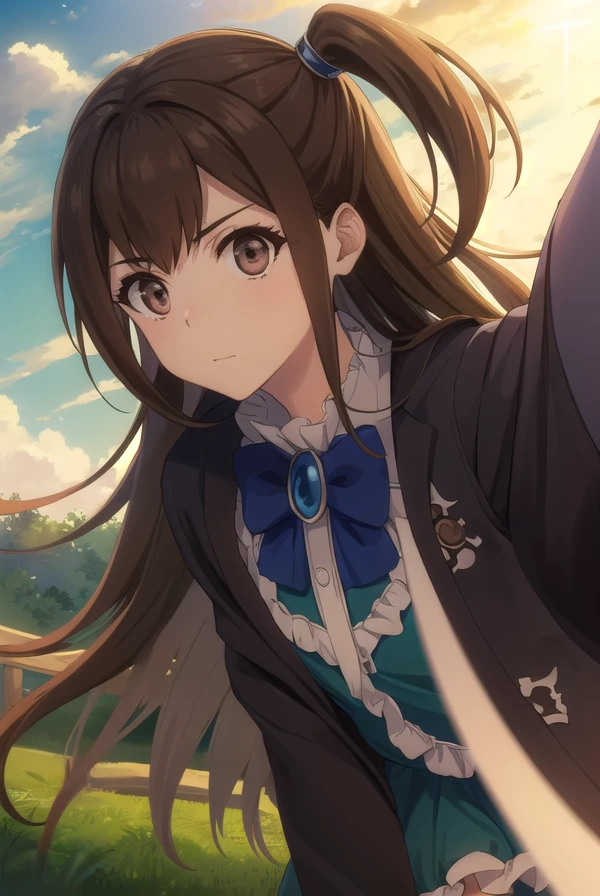 kizunakazayama, <lora:kizuna kazayama s2-lora-nochekaiser:1>,
kizuna kazayama, long hair, brown hair, (brown eyes:1.5), two side up,
BREAK long sleeves, dress, bow, frills, wide sleeves, bowtie, cape, blue bow, brooch, green dress, black cape,
BREAK outdoors, forest, nature, sky, sun, clouds,
BREAK looking at viewer, (cowboy shot:1.5),
BREAK <lyco:GoodHands-beta2:1>, (masterpiece:1.2), best quality, high resolution, unity 8k wallpaper, (illustration:0.8), (beautiful detailed eyes:1.6), extremely detailed face, perfect lighting, extremely detailed CG, (perfect hands, perfect anatomy),