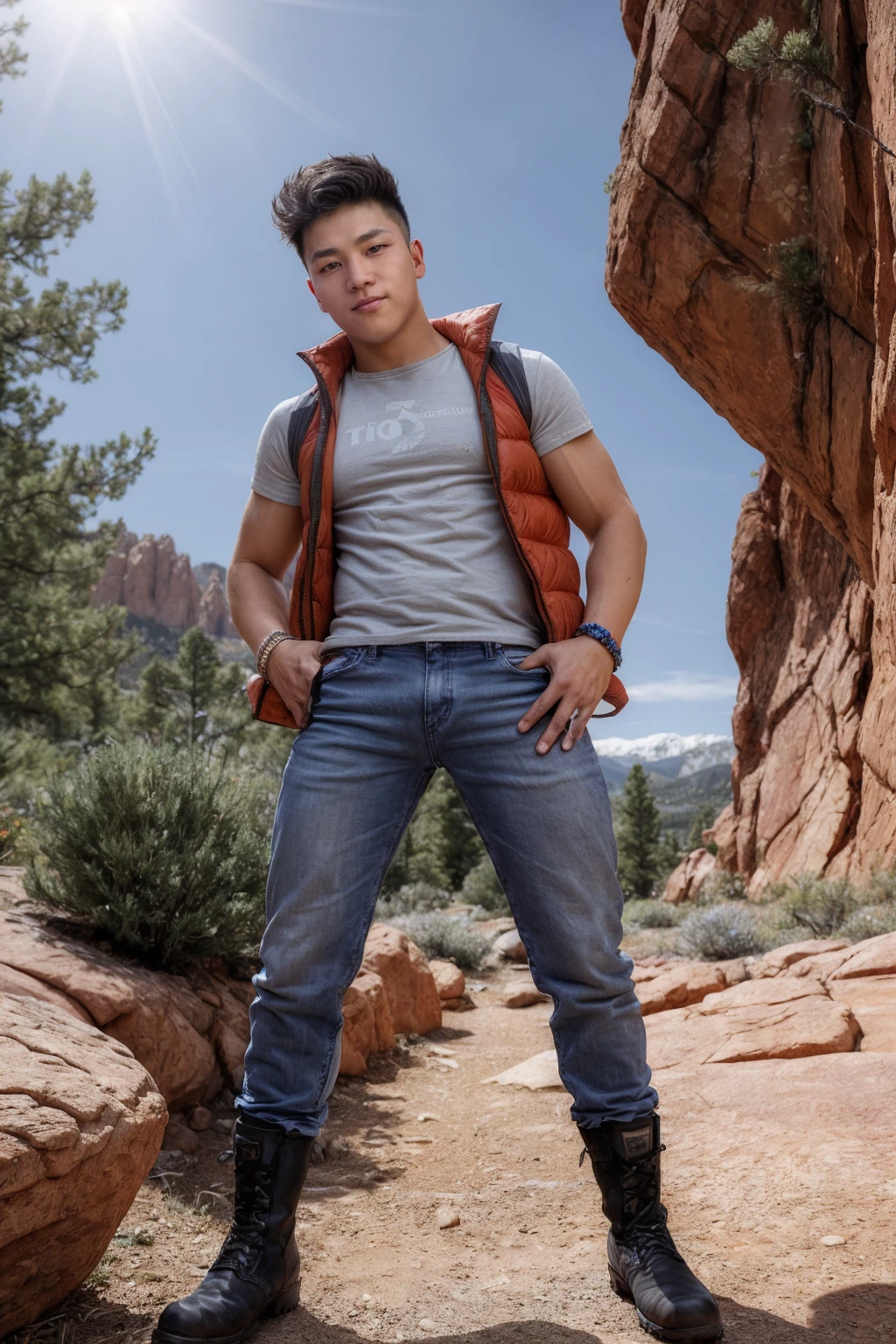 climbing down a rocky outcrop, from below, looking down at camera, low angle <lora:yul_moldauer-05:0.75> photo of yul_moldauer, (Colorado blue columbine flowers:0.5), relaxed confident expression, wearing a puffer vest and t-shirt and jeans and casual boots, posing in Garden of the Gods Colorado Springs, natural light, sunlight, bright light, red rock formations, pikes peak background, loose bracelet
