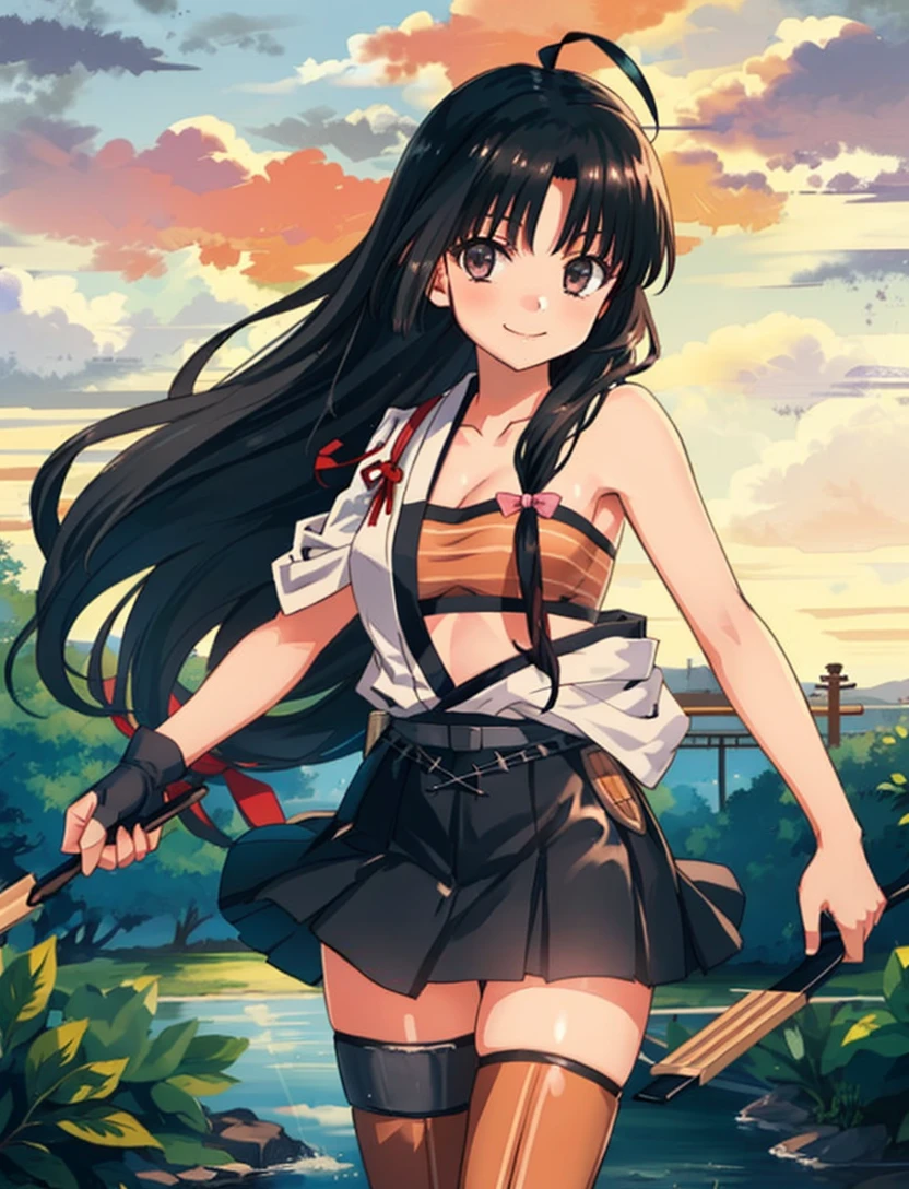 shouhou \(kancolle\), 1girl, solo, japanese clothes, hadanugi dousa, bow \(weapon\), weapon, skirt, smile, open kimono, gloves, open clothes, kimono, medium breasts, single glove, low-tied long hair, pleated skirt, partially fingerless gloves, ahoge, breasts, thighhighs, arrow \(projectile\), ribbon, yugake, looking at viewer, bandeau, tasuki, original, intricate detail, illustration, masterpiece, extremely detailed CG unity 8k wallpaper, highlight, sharpening, dynamic, <lora:Shoho:0.8>,