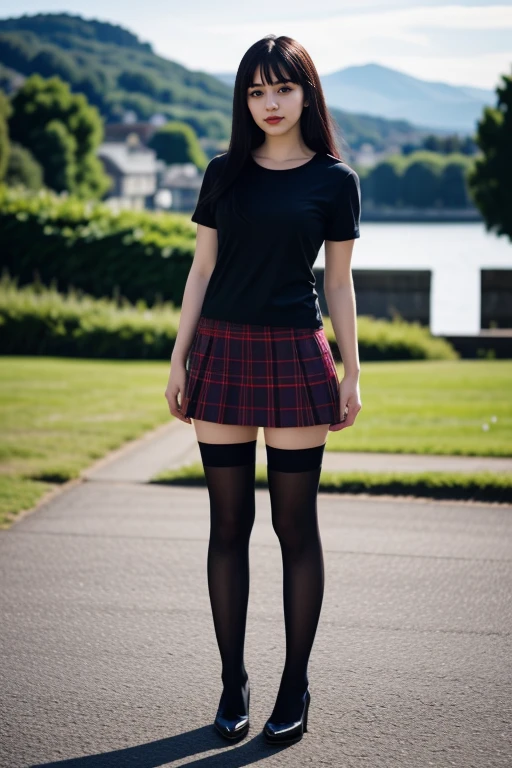 1 woman, 22yo, realistic, masterpiece, high detailed skin, looking at viewer, full body shot, scenic view, long hair, black hair
black shirt, microskirt, thighhighs, red plaid skirt, fishnets
<lora: