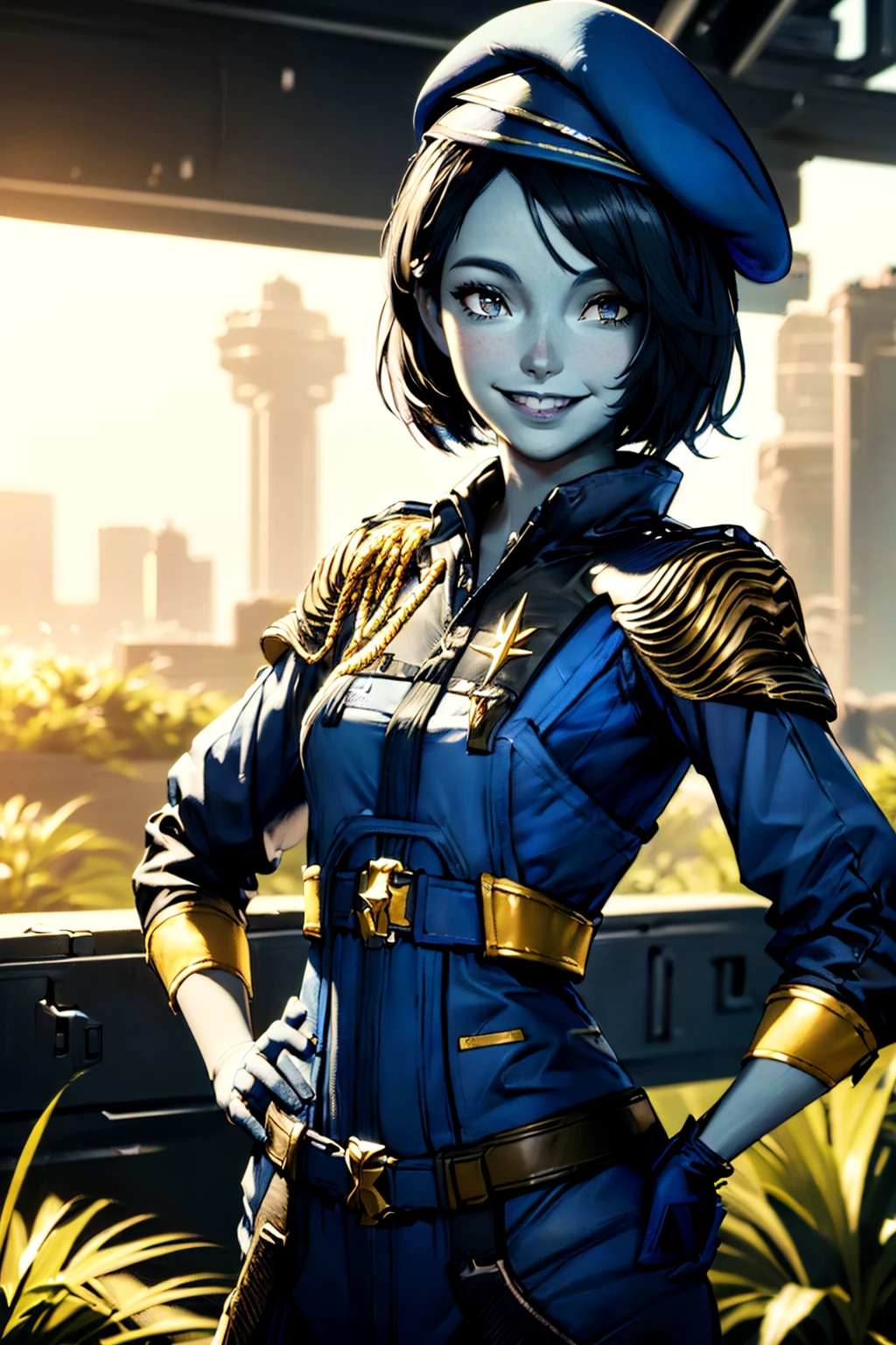 realistic, best quality, 8k uhd, dslr, soft lighting, high quality,  Hands on Hips, Elbows Out, <lora:Nikki_Gold_GOTGv1.0:0.8> nikkigotg, blue skin, (black hair), 1girl, solo,looking at viewer, smile, beret, short hair, hat, teeth, blue headwear, garden